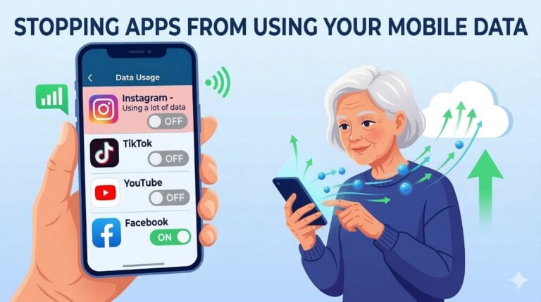 An illustrative guide for seniors showing a senior woman successfully managing her phone settings to stop apps from secretly using mobile data, featuring large, easy-to-read text and clear "on/off" toggles.