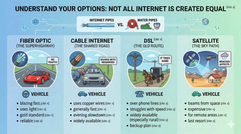 A comparison infographic of four internet types: Fiber Optic (fastest, shown as a Ferrari), Cable (reliable sedan), DSL (slow horse and buggy), and Satellite (last-resort helicopter). Each section lists pros and cons like speed, reliability, and availability.