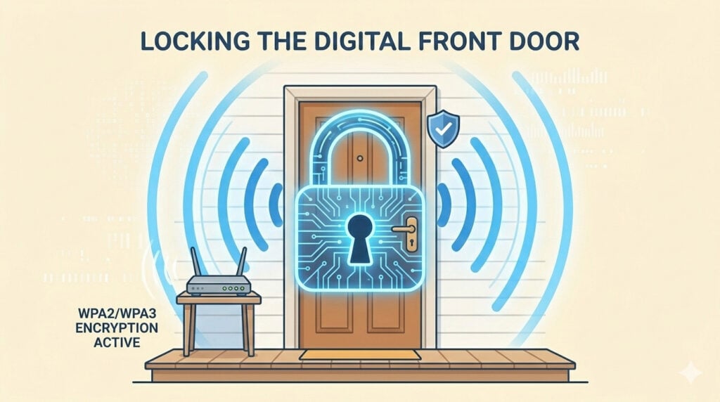 A friendly illustration of a standard wooden front door of a welcoming home. Overlaid on the door is a massive, modern, glowing blue digital padlock icon, which completely obscures the standard lock cylinder, representing advanced network security. Clean blue concentric radio waves radiate outward from the door, creating an impenetrable security field around the home entrance. Below the padlock, small text reads: "WPA2/WPA3 ENCRYPTION ACTIVE." Above the door, large text reads: "LOCKING THE DIGITAL FRONT DOOR." A discreet grey plastic router sits on a side table on the porch, matching the style established in other images. The background is a soft, inviting cream.