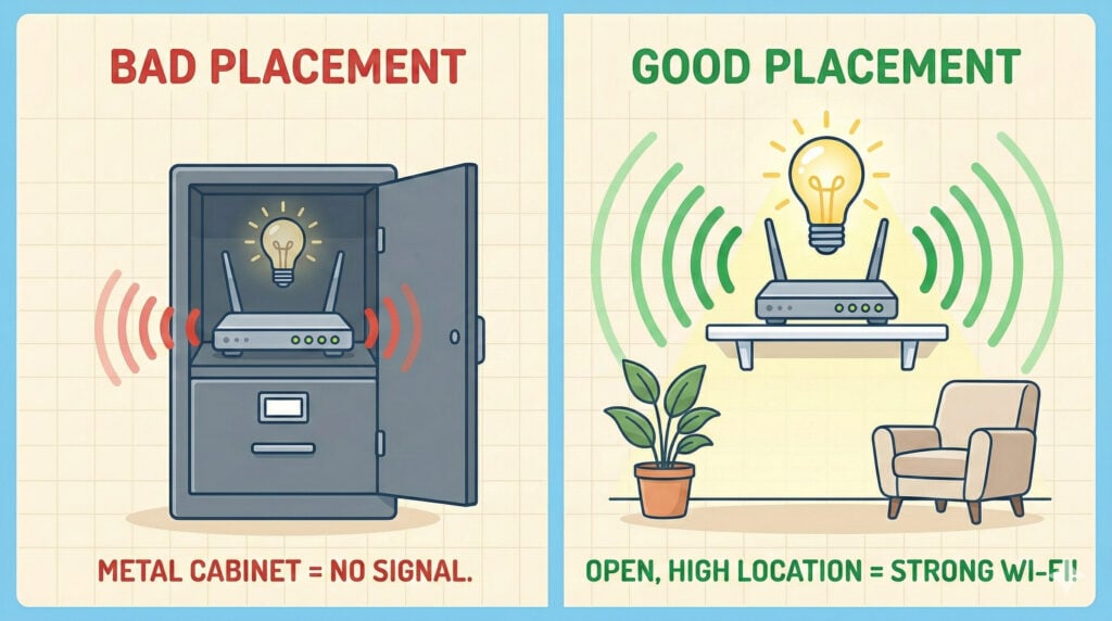 A split-screen comparison showing "Bad Placement" vs "Good Placement" for a Wi-Fi router. On the left, a router inside a metal cabinet shows weak, red signal waves. On the right, a router placed high on an open shelf with a glowing lightbulb icon shows strong, green signal waves filling a living room.