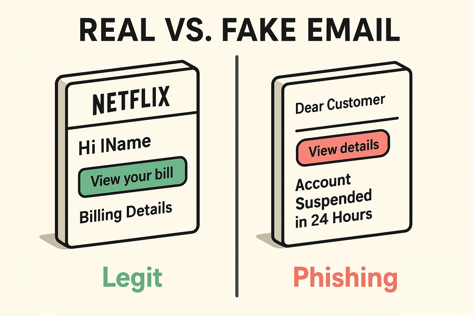 Visualizes key differences between legitimate and phishing Netflix emails, emphasizing red flags like greeting, link color, and urgency.