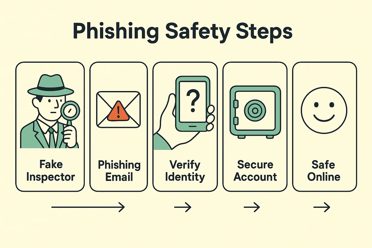 This visual guides readers through the safe handling of phishing threats using clear, sequential retro-themed icons for easier comprehension.