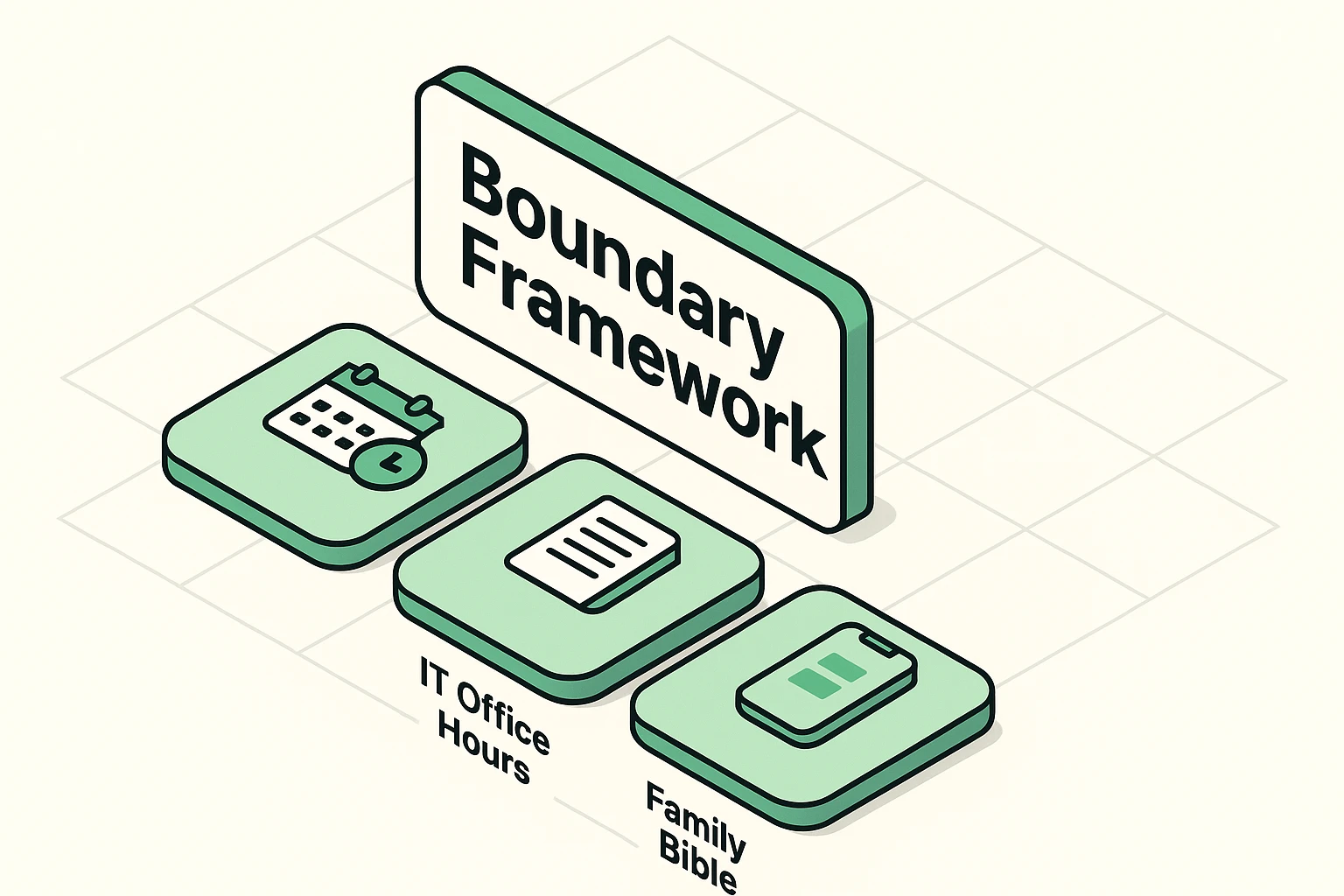 This visual clarifies the Boundary Framework to help helpers manage tech support fatigue by organizing key strategies like scheduling, documentation, and device simplification.