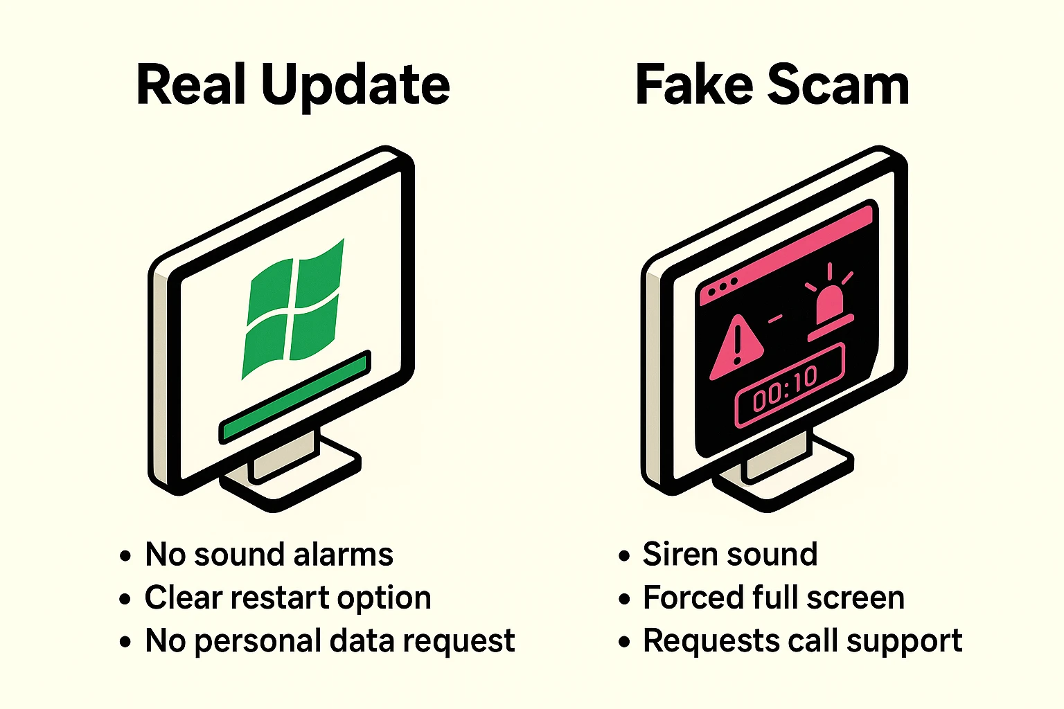 Clarifies the differences between legitimate system updates and alarming scam pop-ups to help seniors identify scams quickly.