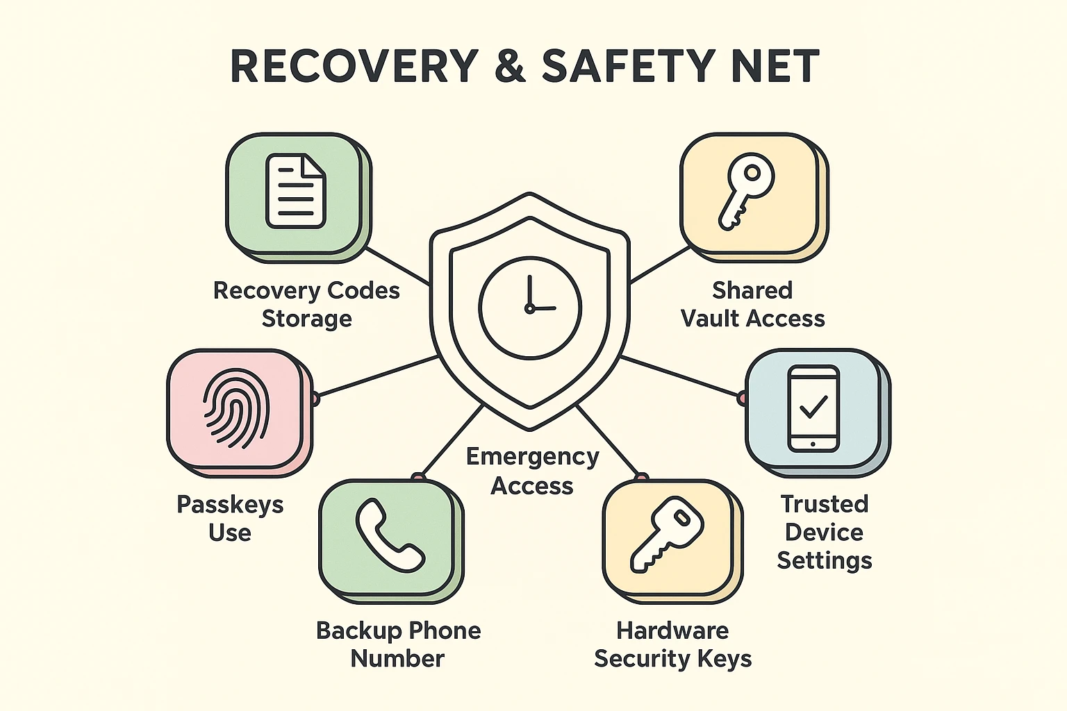 This visual summarizes essential recovery tools and emergency configurations, emphasizing secure fallback methods in assisted caregiving scenarios.