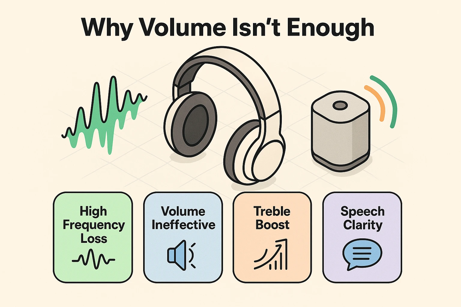 This image explains why simply increasing volume doesn’t help seniors with high-frequency hearing loss and highlights the need for treble adjustment for better speech clarity.