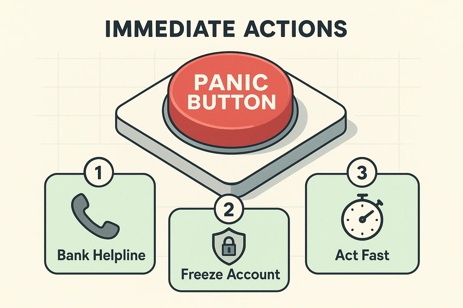Visual guide of urgent steps seniors should take immediately after realizing bank details are shared with scammers. Highlights three critical calls to action for quick response.