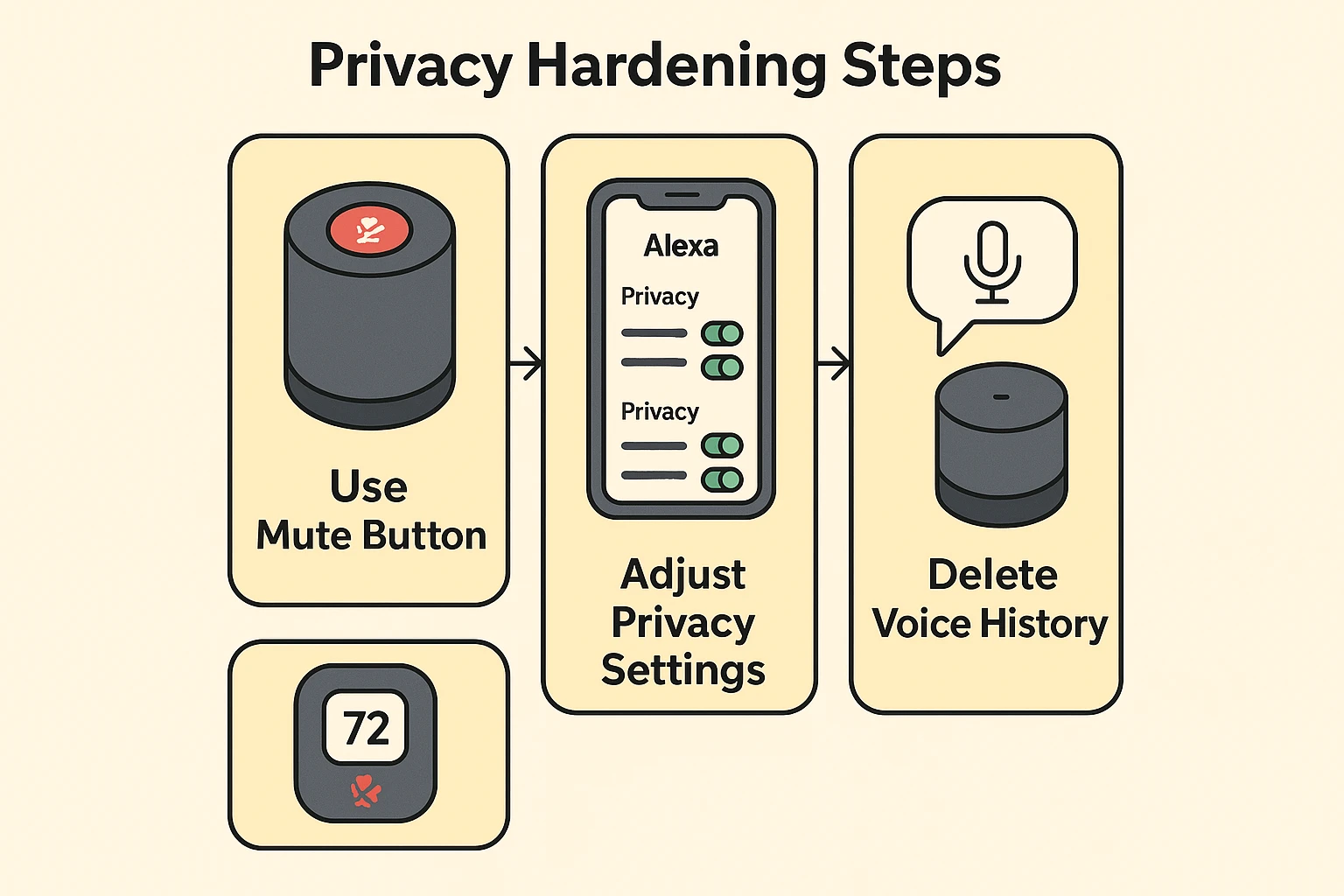Details the three essential actions seniors can take to harden privacy on smart home devices, including third-party thermostats.