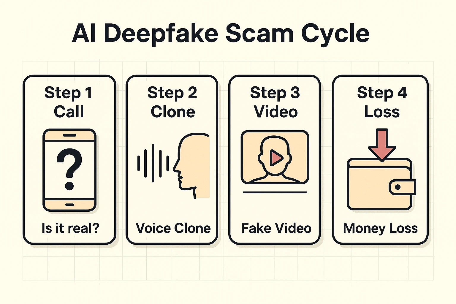 Visualizing how scammers use AI voice and video cloning in sequential steps to defraud seniors, raising awareness of advanced impersonation tactics.
