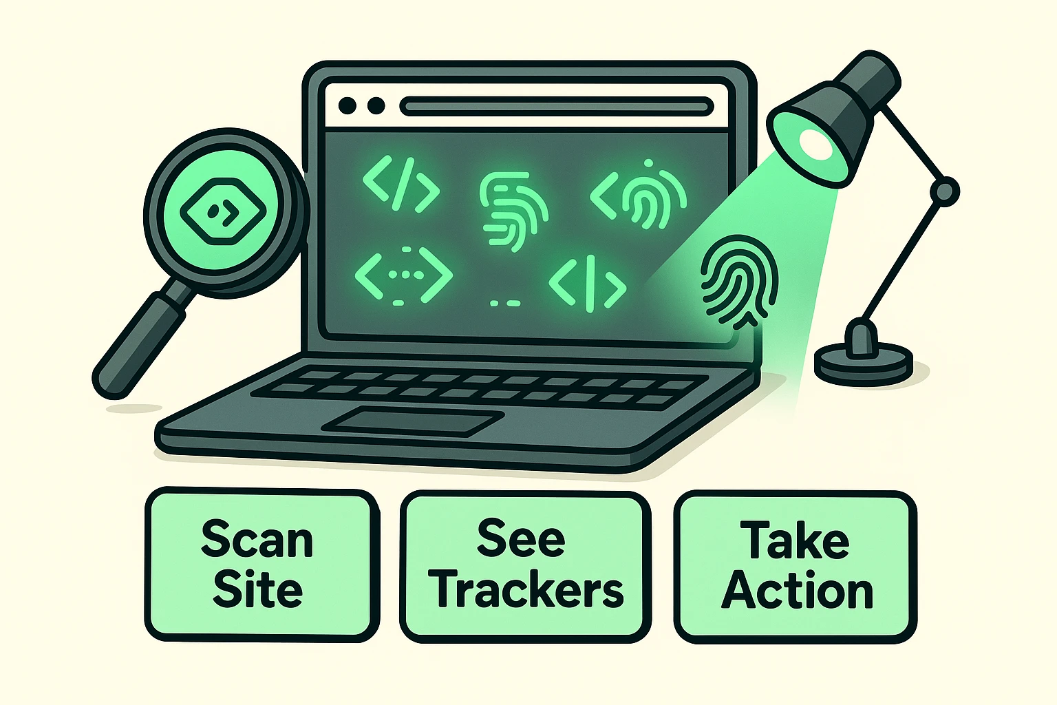 This image visualizes the Blacklight tool revealing invisible trackers on websites, helping seniors grasp the unseen digital monitoring on everyday browsing.