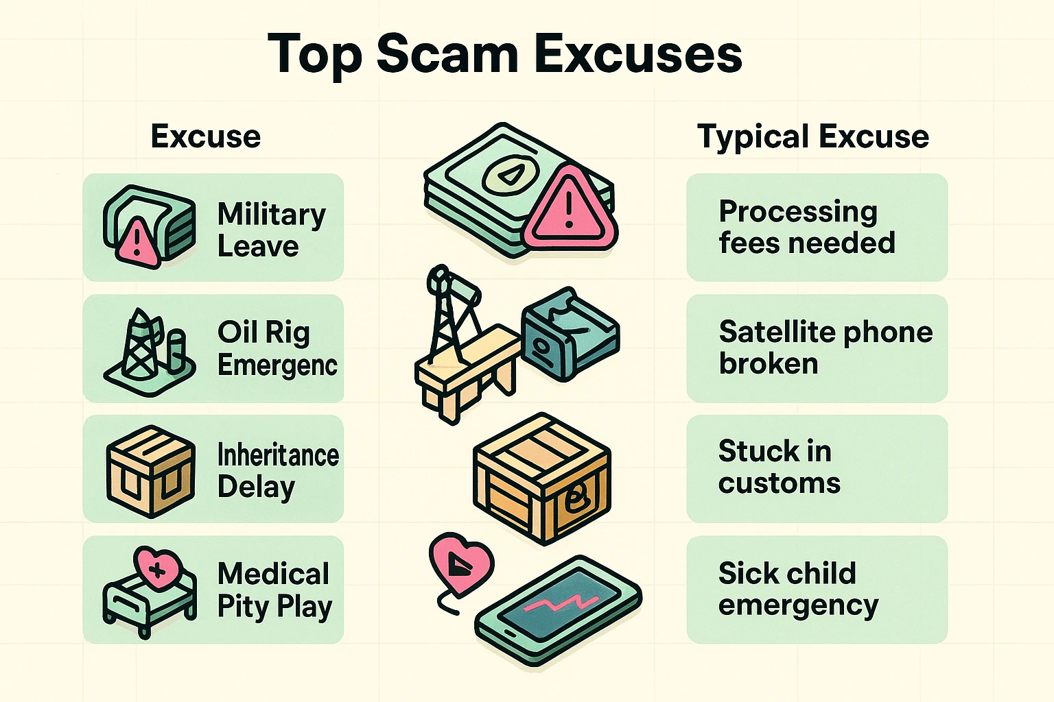 This visual breaks down the five most common scam excuses scammers use to ask for money, illustrating each with clear icons and succinct labels to aid recognition.