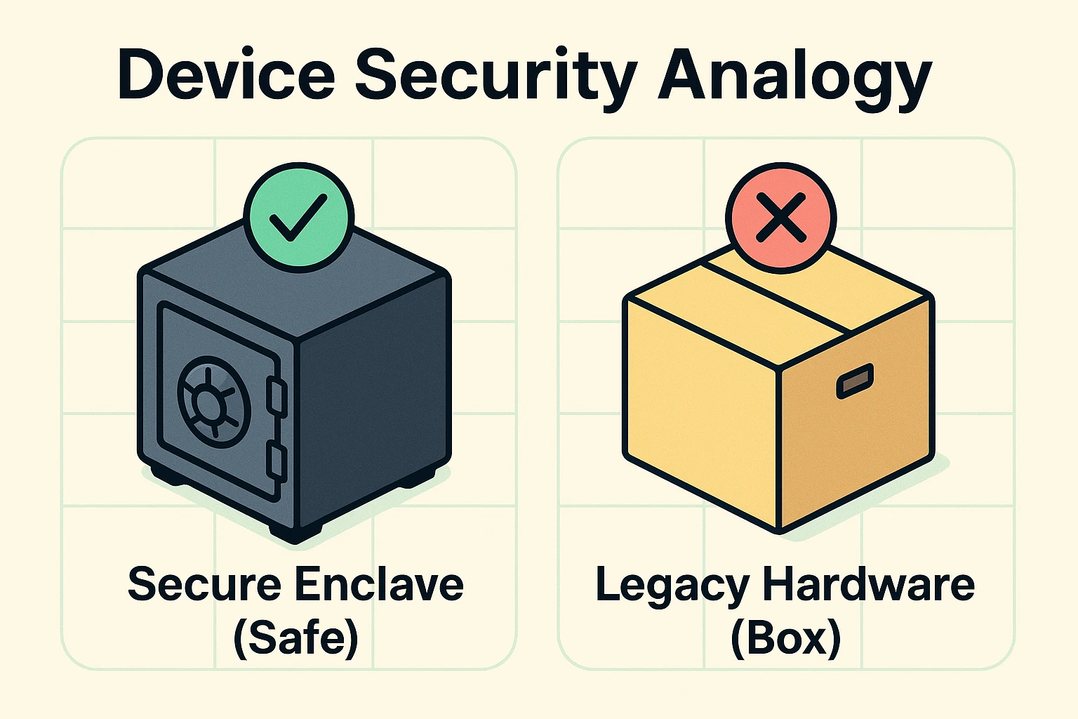 This image explains the difference between modern secure hardware and legacy devices that lack passkey support, using a 'safe vs. box' analogy.