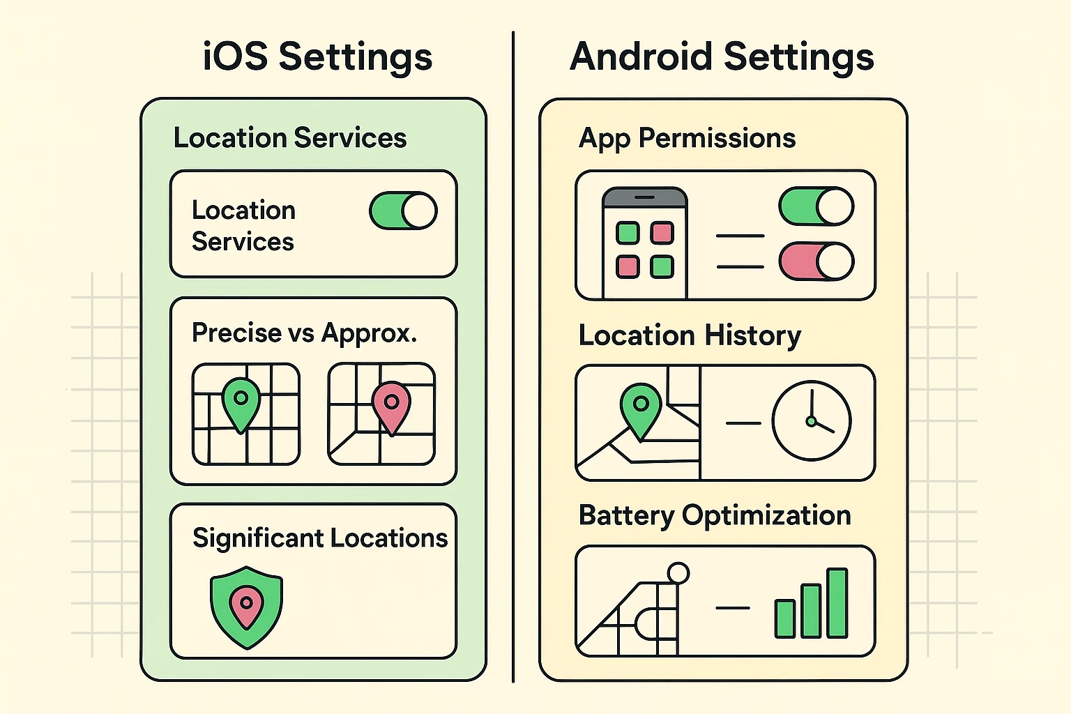 This image guides seniors through key privacy settings for iOS and Android, visually differentiating platform features to disable sneaky location tracking.