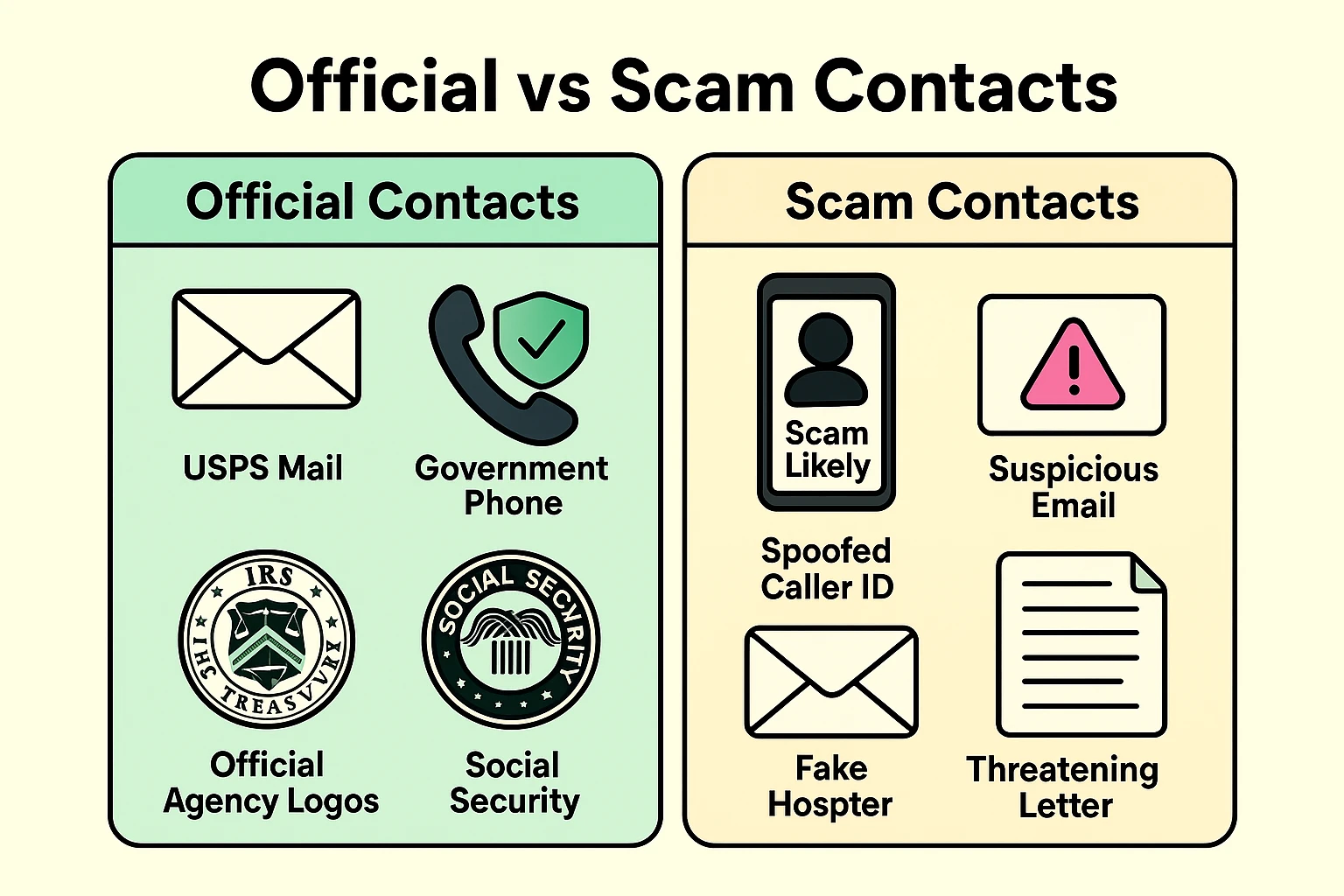 This image contrasts legitimate government communication methods with common scam contact tactics, helping seniors visually differentiate real from fraudulent notices.