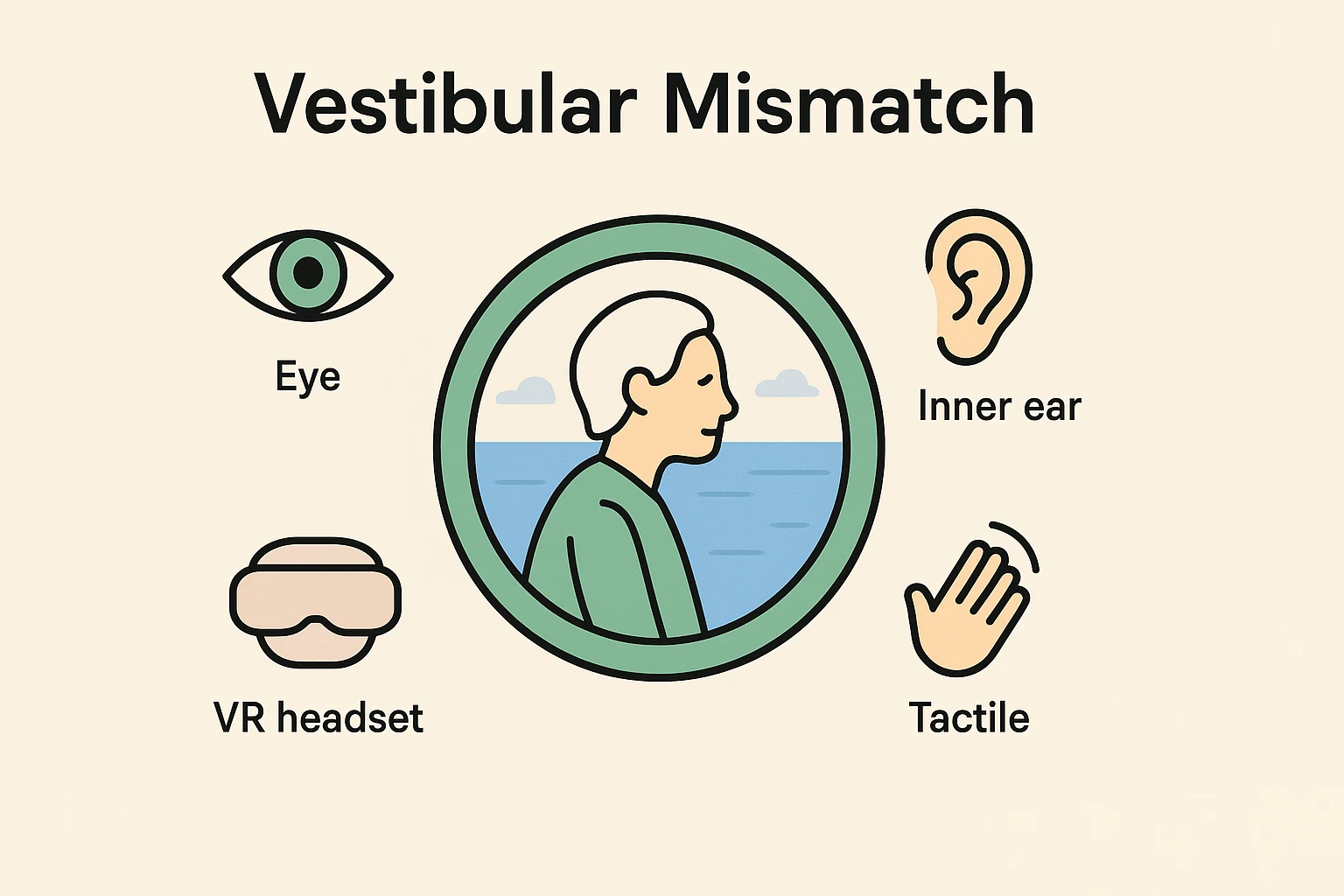 Visualizes how vestibular and visual signals conflict in VR causing motion sickness, simplified for seniors using the ship cabin metaphor and tactile anchor concepts.