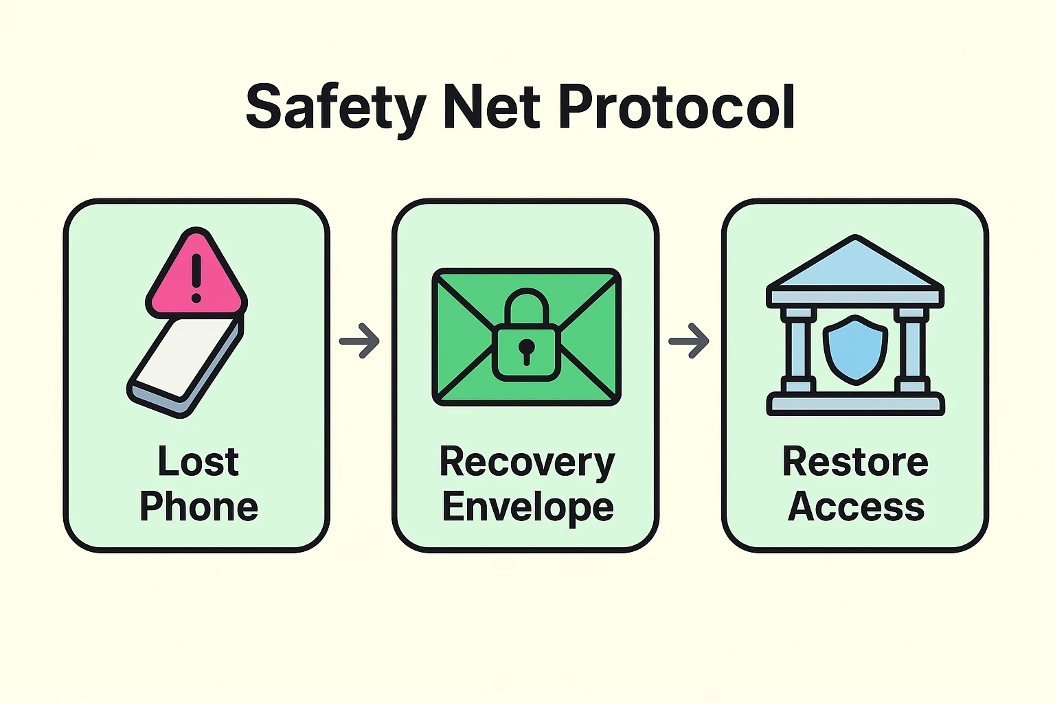 This step-by-step visual guides seniors through safety protocols to regain 2FA access if they lose their phone, emphasizing the Recovery Envelope backup method.