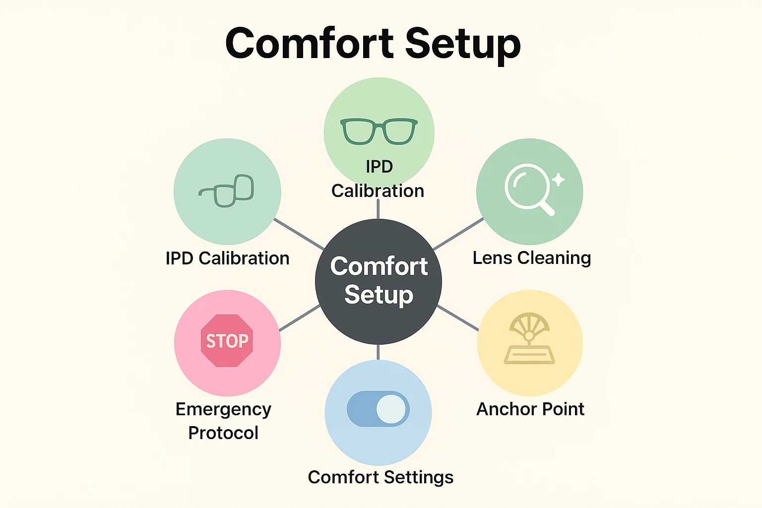 Outlines key hardware, environment, and software configurations as a hub-and-spoke map to guide seniors in optimizing VR comfort.