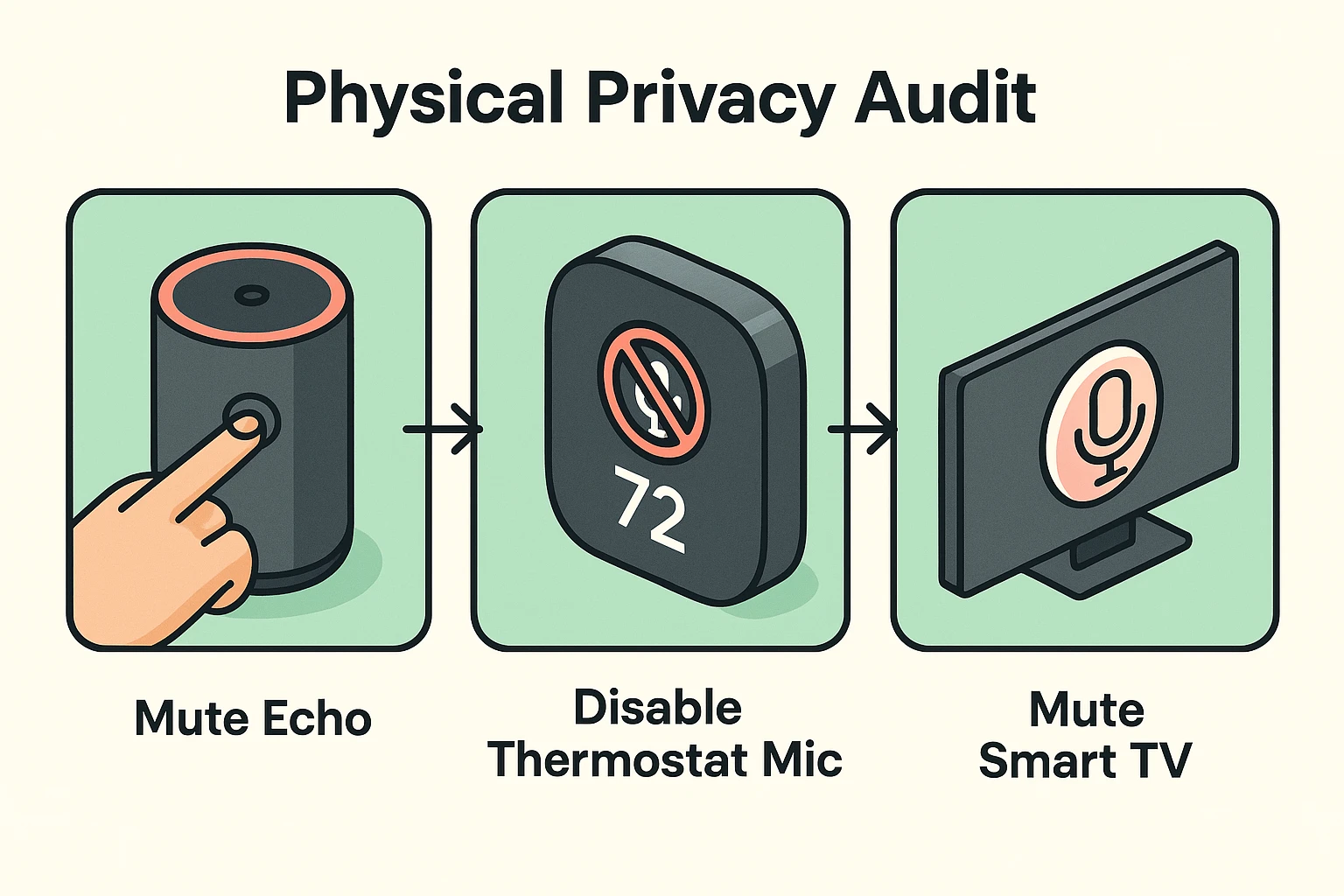 Illustrates a step-by-step physical check for microphones and mute controls on key smart home devices for privacy hardening.