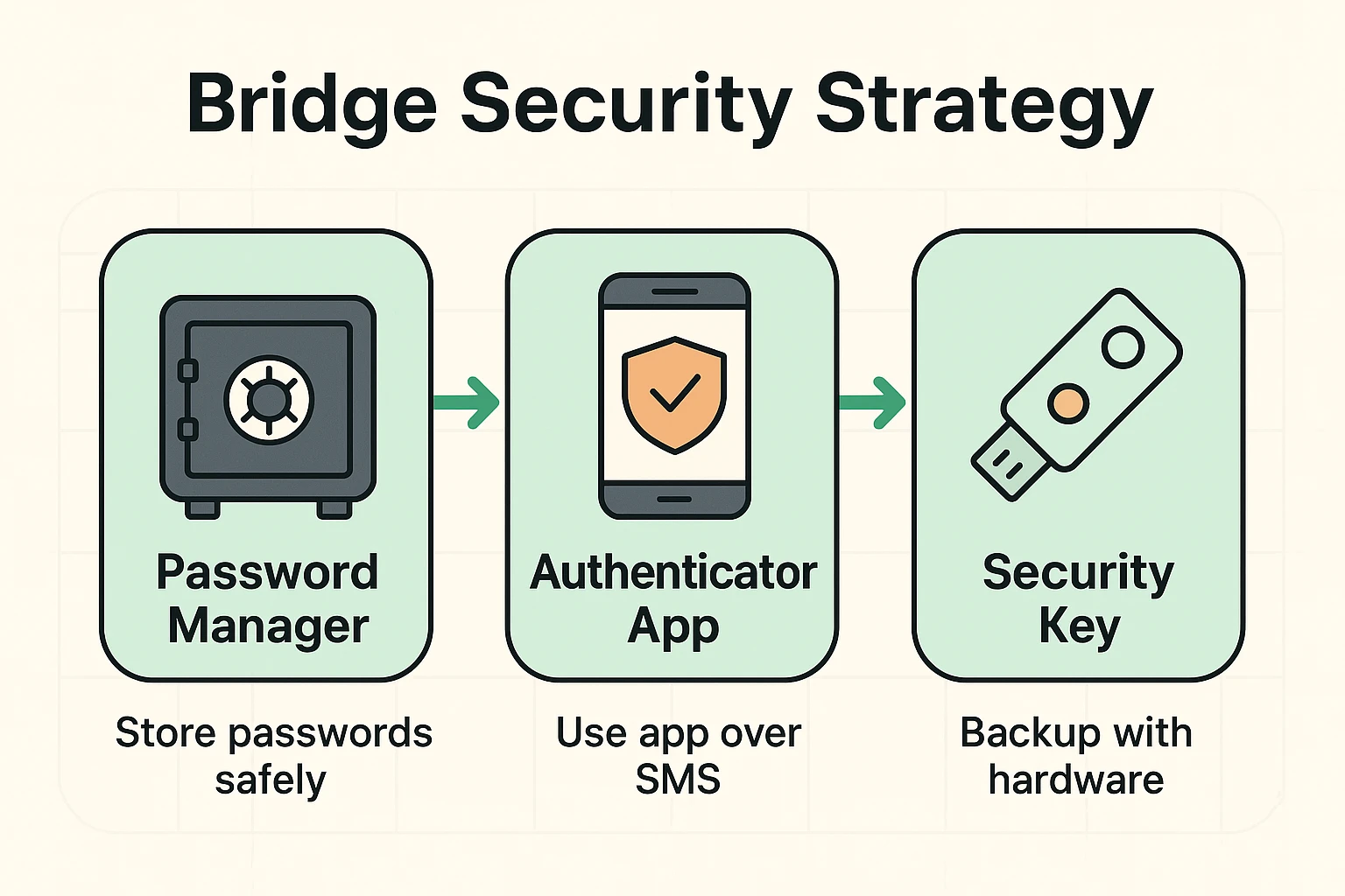Visualizes the three practical security steps seniors can take to protect accounts on legacy devices without passkey support.