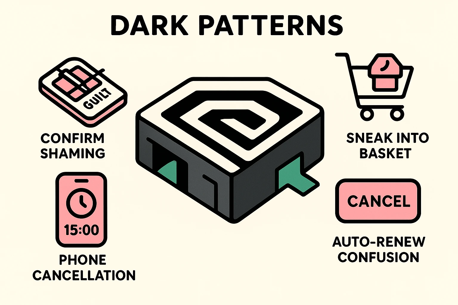 This image visualizes common dark patterns like the ‘Roach Motel’ trap and related deceptive tactics seniors should learn to spot when trying to unsubscribe.