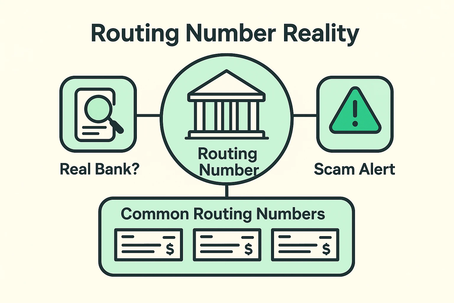 This visual clarifies that a valid routing number alone does not guarantee a safe bank email or check, highlighting how scammers exploit this trust element.