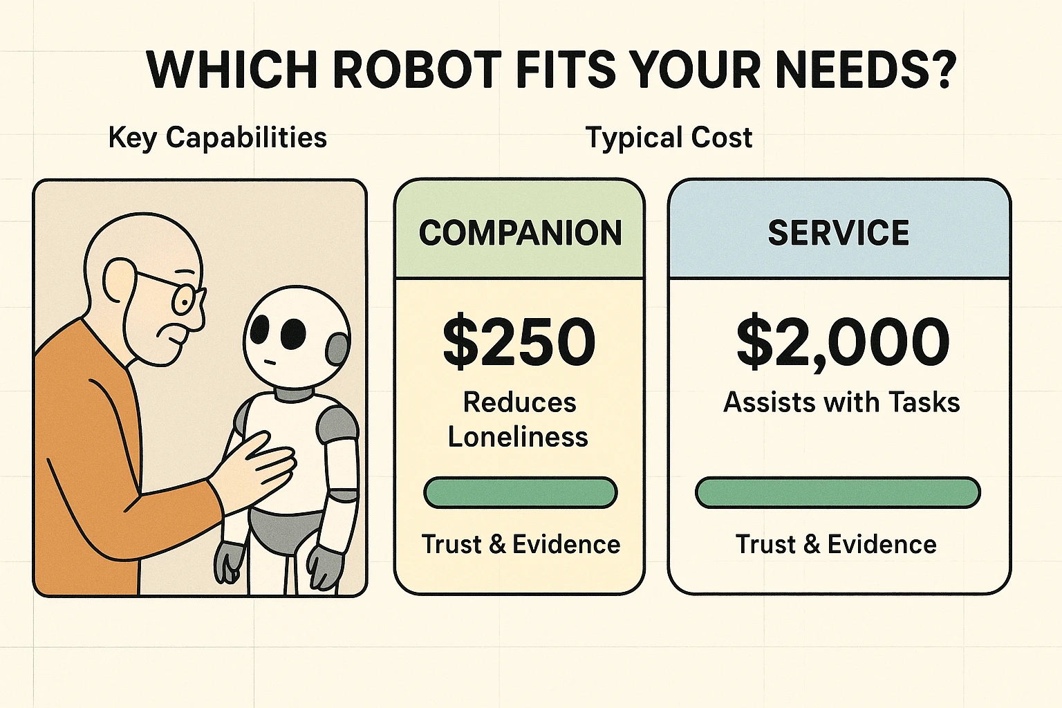 Compare companion, service, and medical robots side-by-side with clear costs, capabilities, and trust indicators to shortlist the best fit.