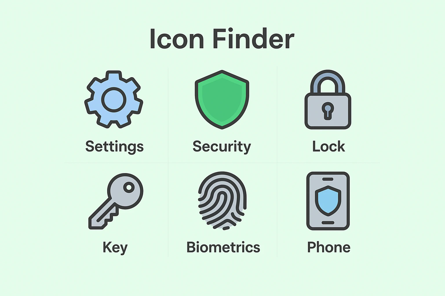 A visual icon map that helps seniors identify security settings icons commonly found in bank apps, easing navigation when setting up 2FA.