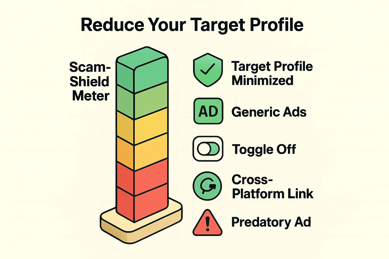 Depicts how each privacy setting adjustment reduces the user's target profile, promoting monthly privacy checkups for seniors.
