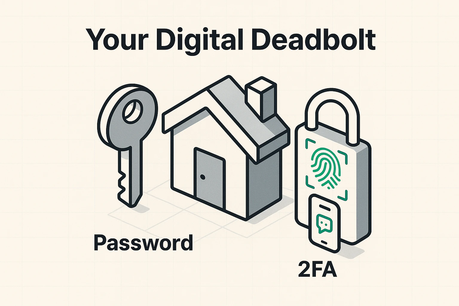 This image visualizes 2FA as a 'digital deadbolt,' highlighting biometrics as the primary, easy security layer seniors can trust for online banking safety.