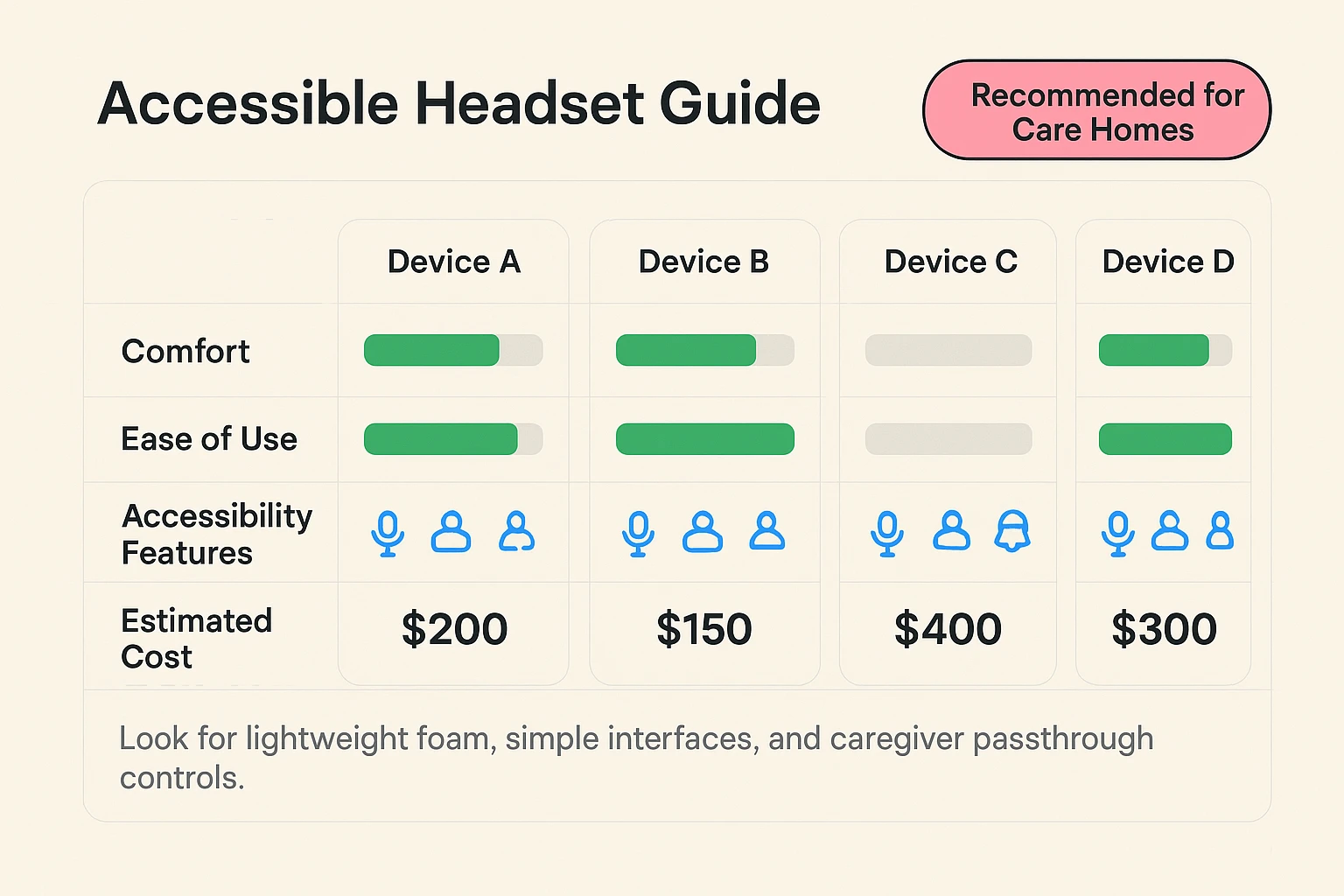A practical headset comparison matrix showing comfort, ease, and accessibility to help caregivers pick the right VR/AR hardware for seniors.