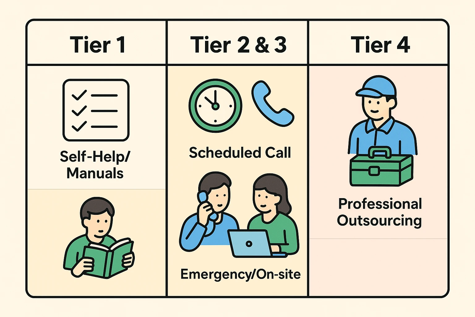 This tiered infographic guides families to understand support levels and recognize when to outsource professional tech help.