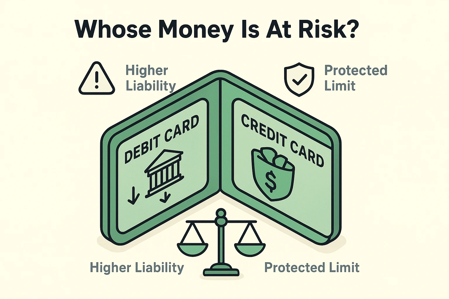 Explains who bears liability when using debit vs credit cards online.