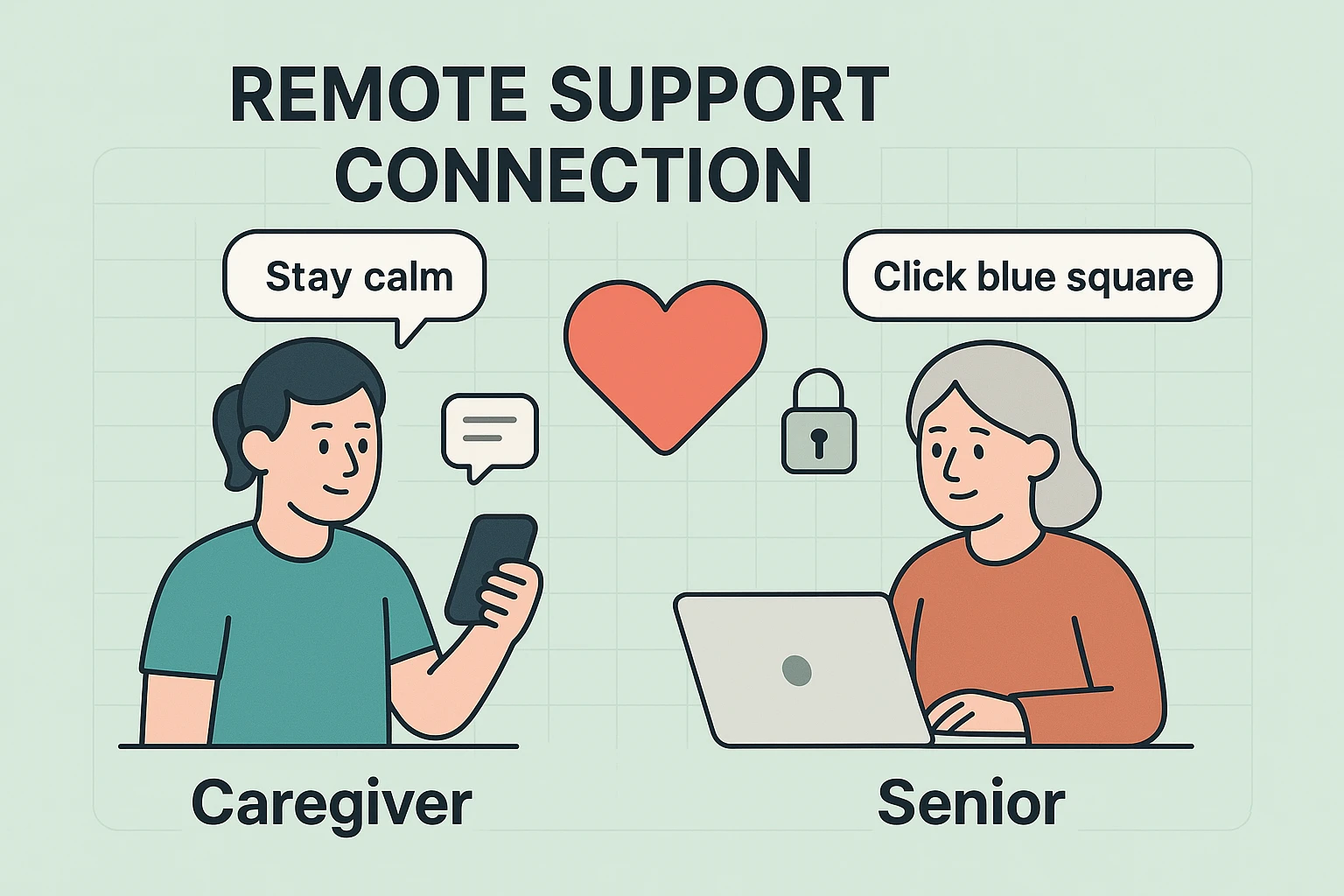 Depicts emotional connection and empathetic communication in remote support for seniors.