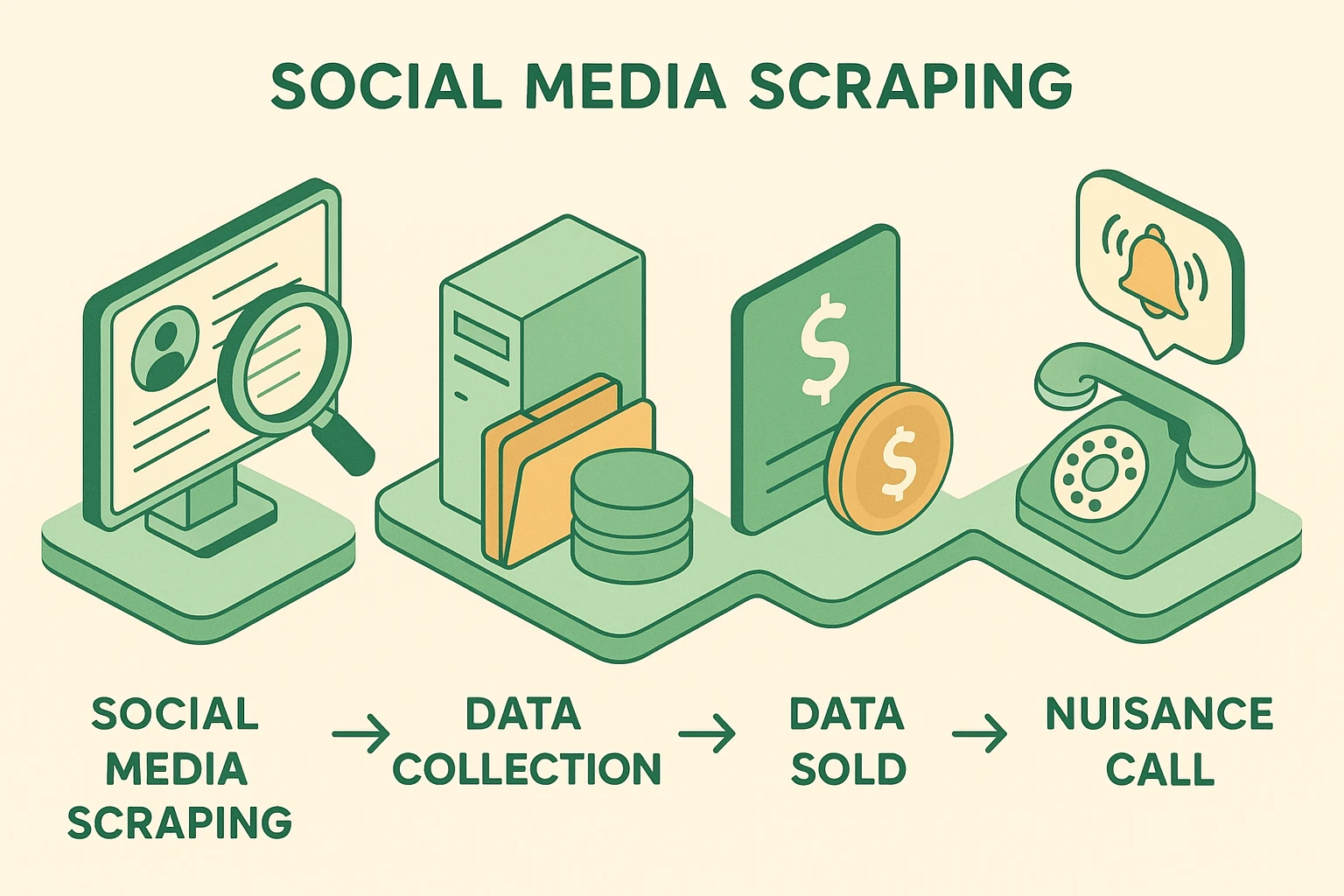 Illustrates how public information travels from scraping to data brokers to nuisance calls