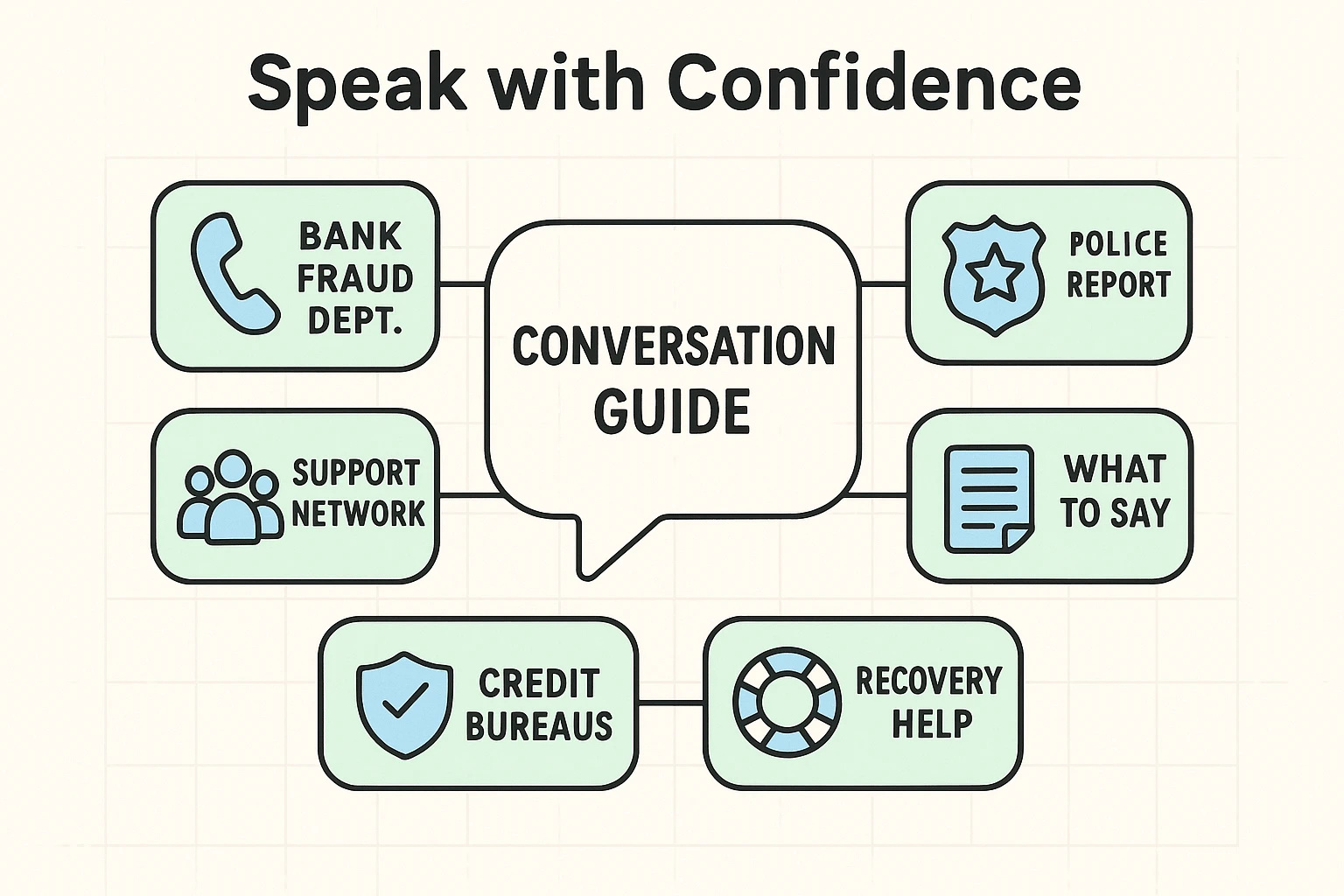 Visual roadmap helping seniors confidently communicate with banks and authorities after a scam incident using specific scripts and contacts.