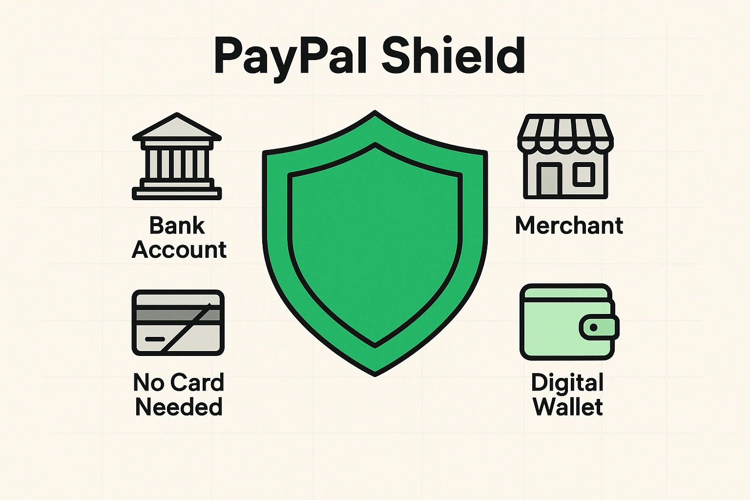 This illustration depicts PayPal acting as a protective shield, safely separating your bank information from merchants and eliminating the need for direct credit card usage.