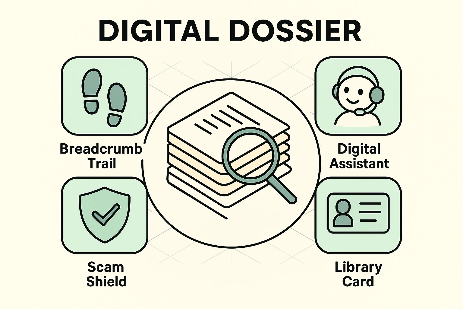 Illustrates the 'Digital Dossier' concept through approachable icons and analogies making ad personalization clear for seniors.