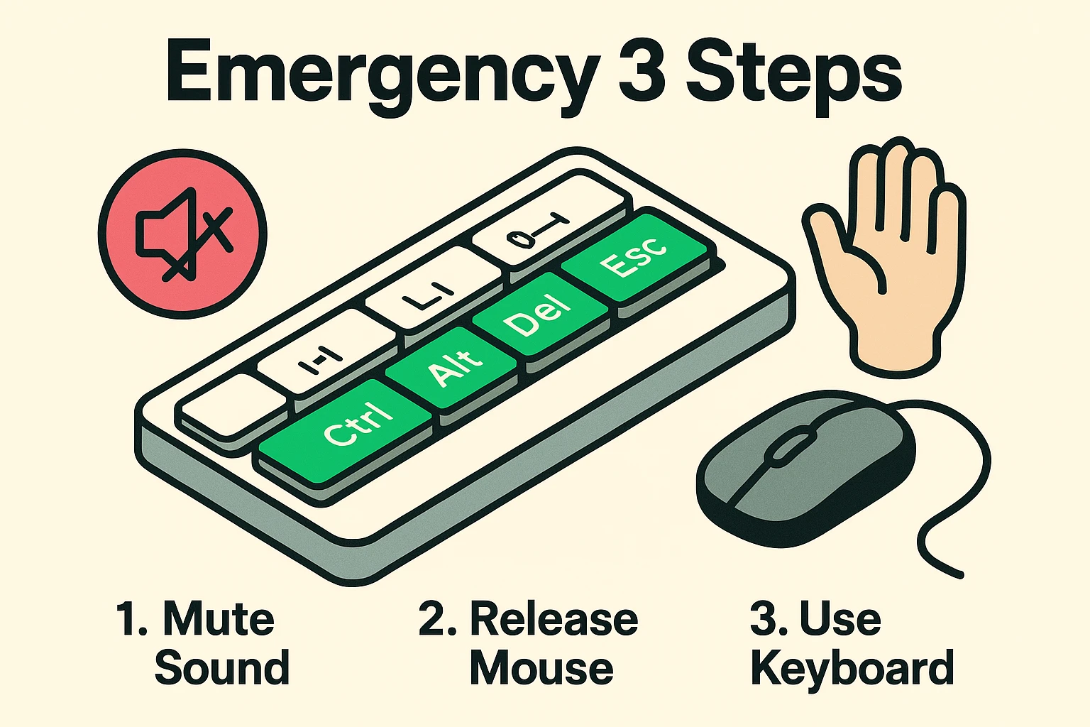 This image guides users through the immediate calming actions to safely escape a frozen scam pop-up by muting sound, releasing the mouse, and using keyboard shortcuts.