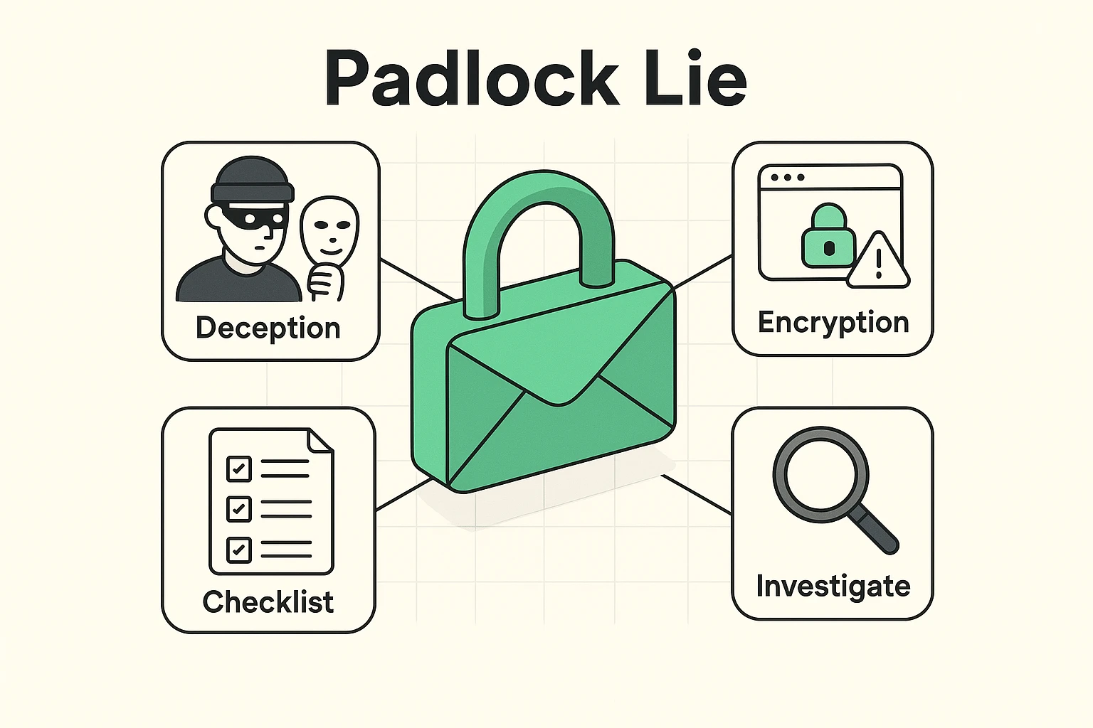 Demystifies the green padlock symbol by explaining encryption doesn't equal honesty, introducing viewers to deeper vetting concepts.