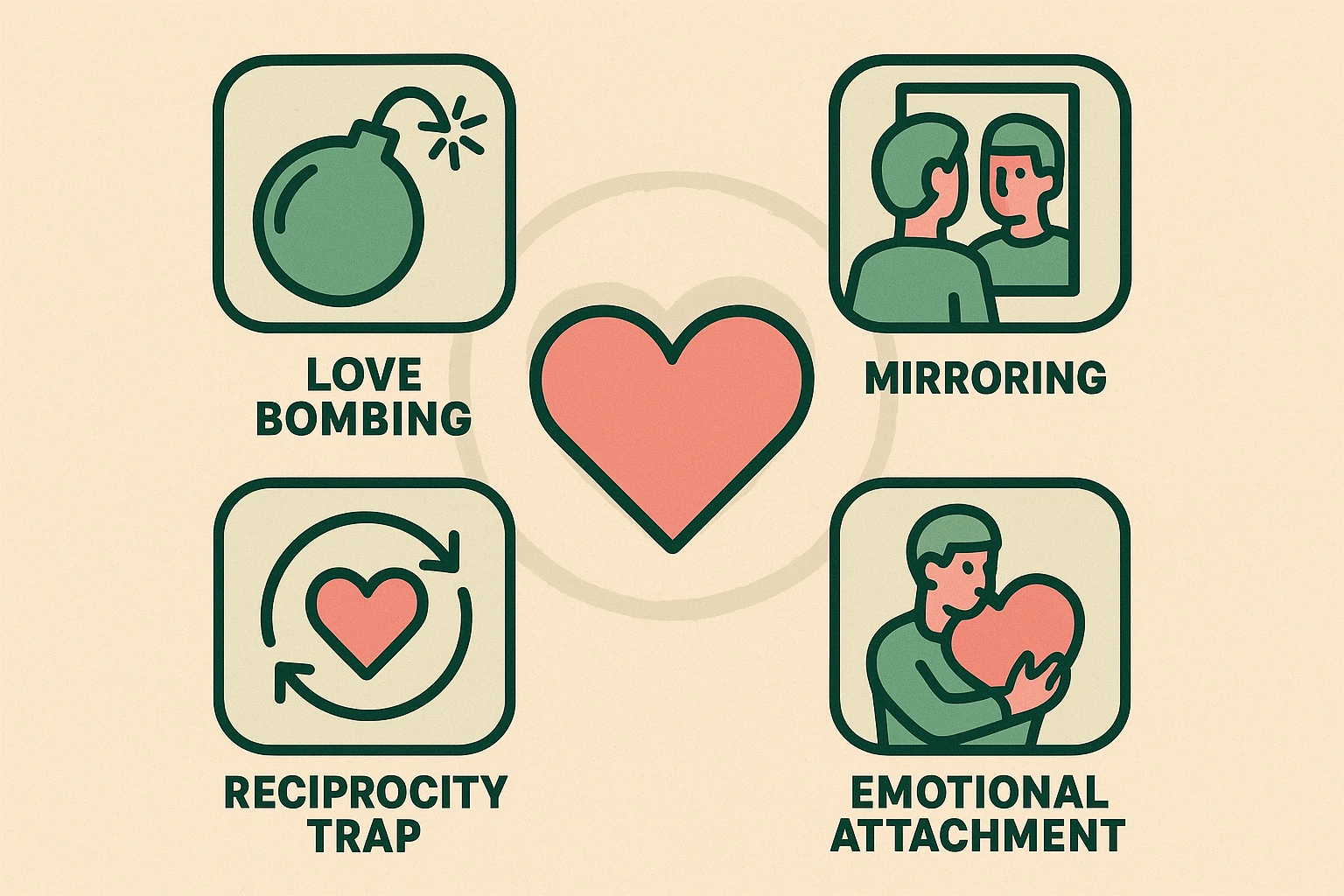 This image visually explains early psychological manipulation tactics like love bombing and mirroring common in romance scams before financial requests occur.