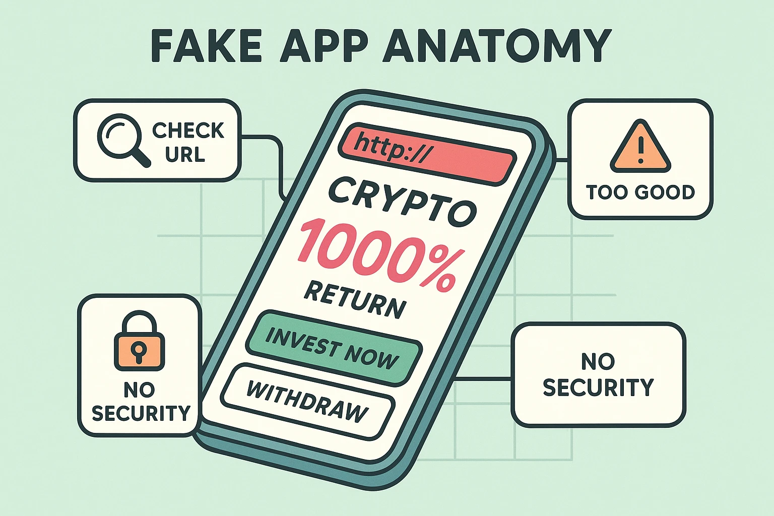 This image breaks down the common visual red flags inside fraudulent crypto apps to help seniors audit digital platforms before investing.