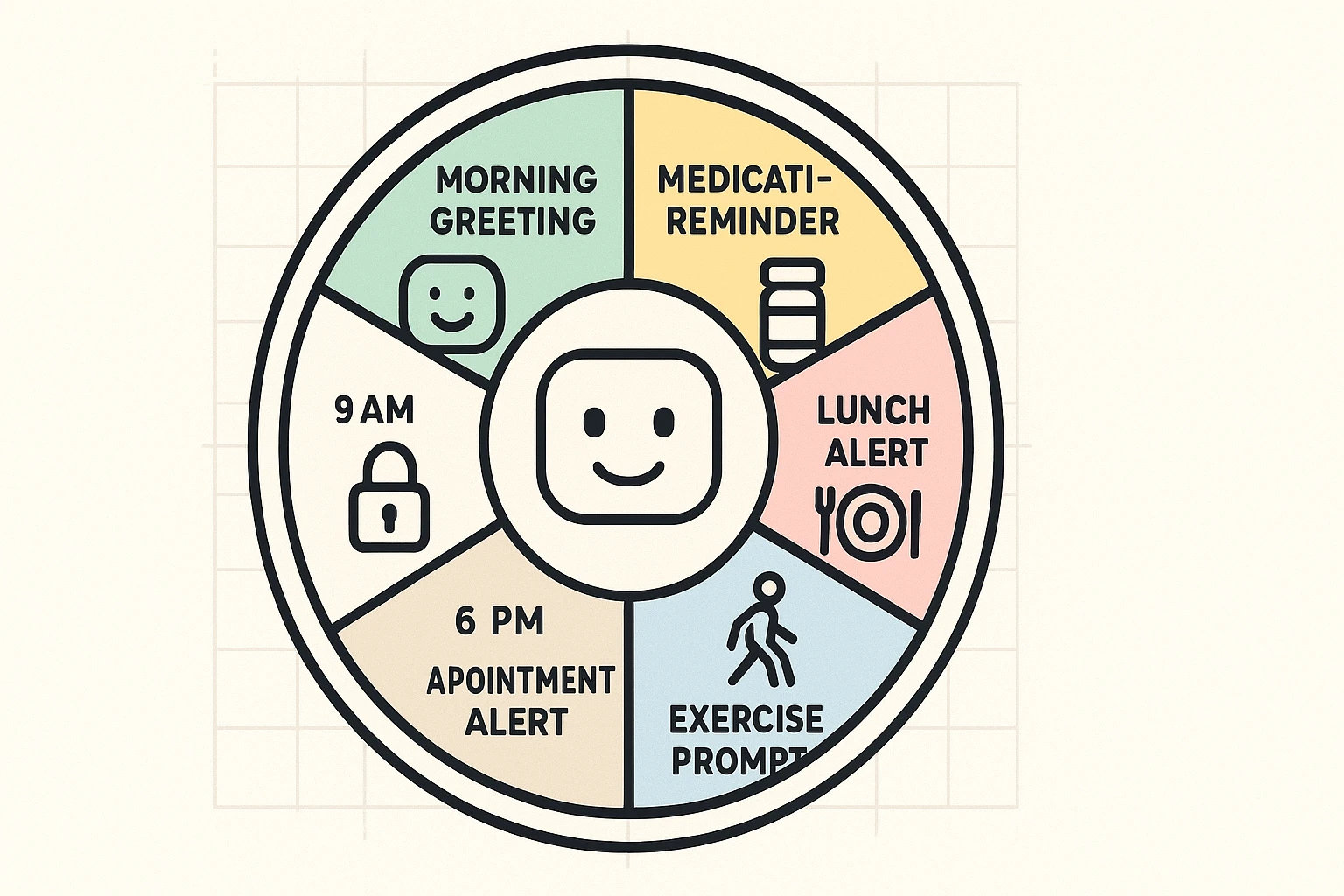 Visual timeline of AI caregiver's 24-hour support cycle, highlighting medication, appointments, and safety checks for seniors.