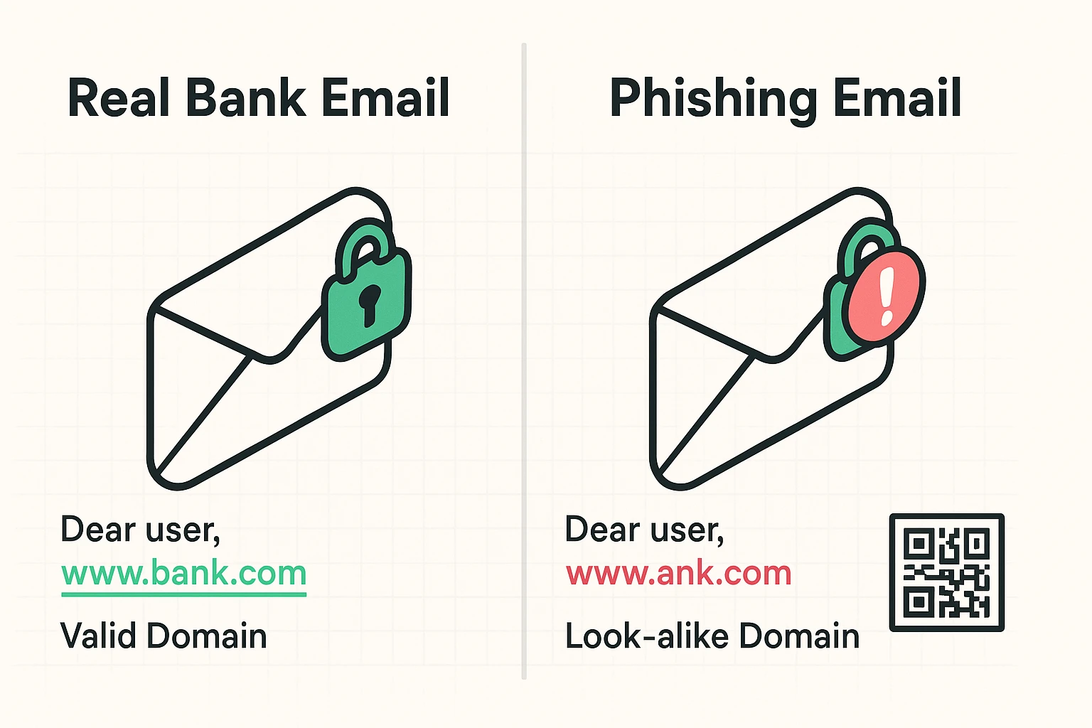 This side-by-side comparison demystifies advanced phishing red flags, including look-alike domains and QR code scams, helping users discern legitimate bank emails from fakes.