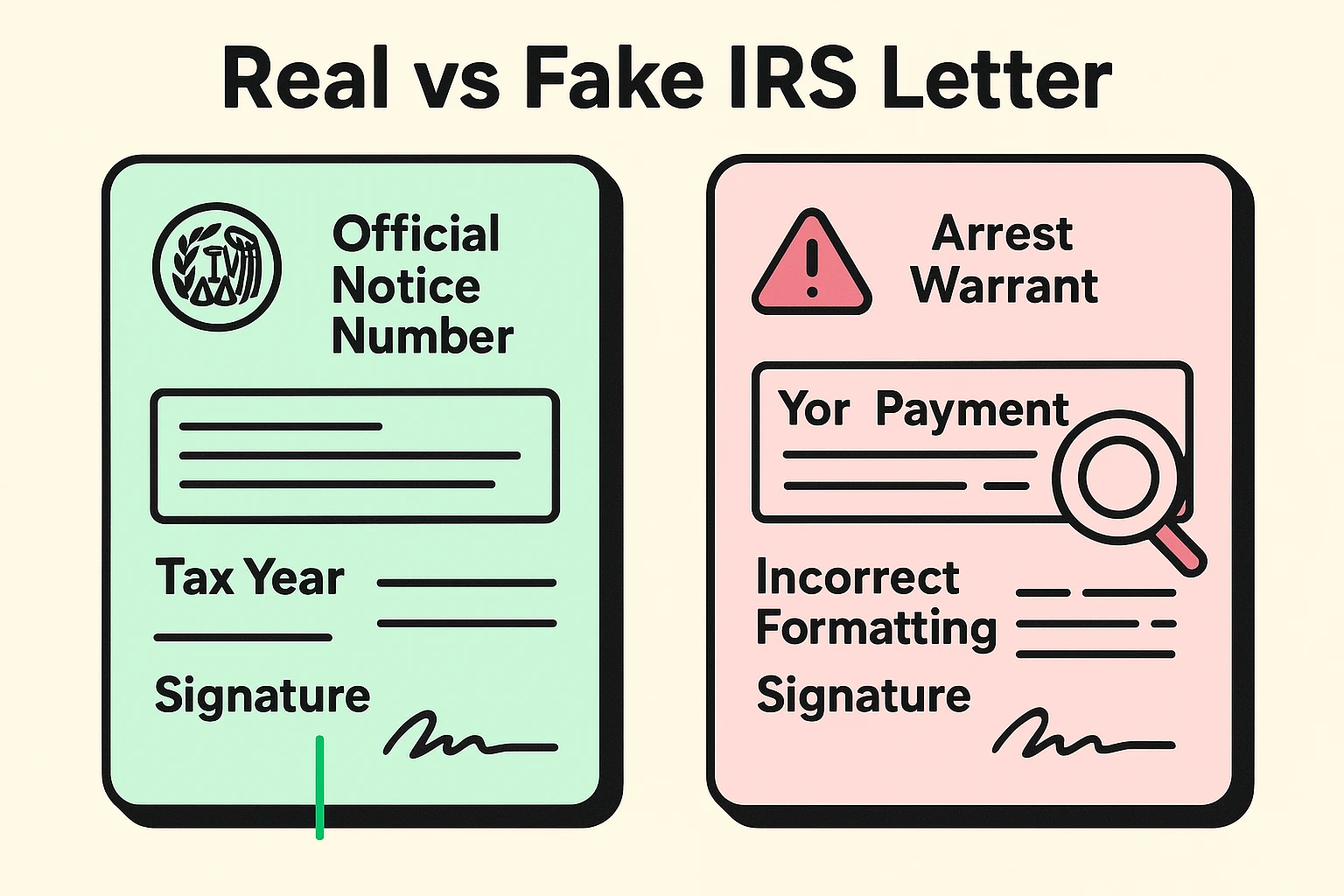 This visual guides seniors through official IRS letter features versus scam letter red flags, boosting their ability to authenticate mailed notices.