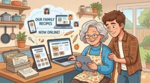 A heartwarming cartoon illustration of an older woman in a floral apron and her teenage grandson looking at a tablet together in a cozy kitchen. On the counter, an old recipe tin sits next to a laptop and tablet showing "Grandma's Lasagna" in a digital format. A thought bubble above them shows a network of family members connected to a digital cloud titled "Our Family Recipes Now Online!"