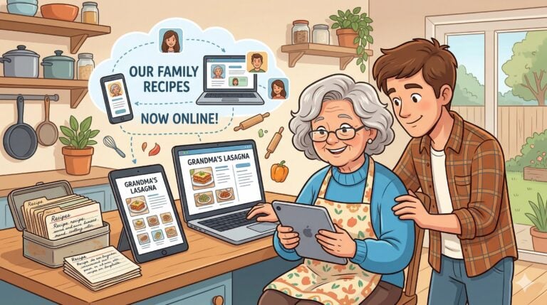 A heartwarming cartoon illustration of an older woman in a floral apron and her teenage grandson looking at a tablet together in a cozy kitchen. On the counter, an old recipe tin sits next to a laptop and tablet showing "Grandma's Lasagna" in a digital format. A thought bubble above them shows a network of family members connected to a digital cloud titled "Our Family Recipes Now Online!"