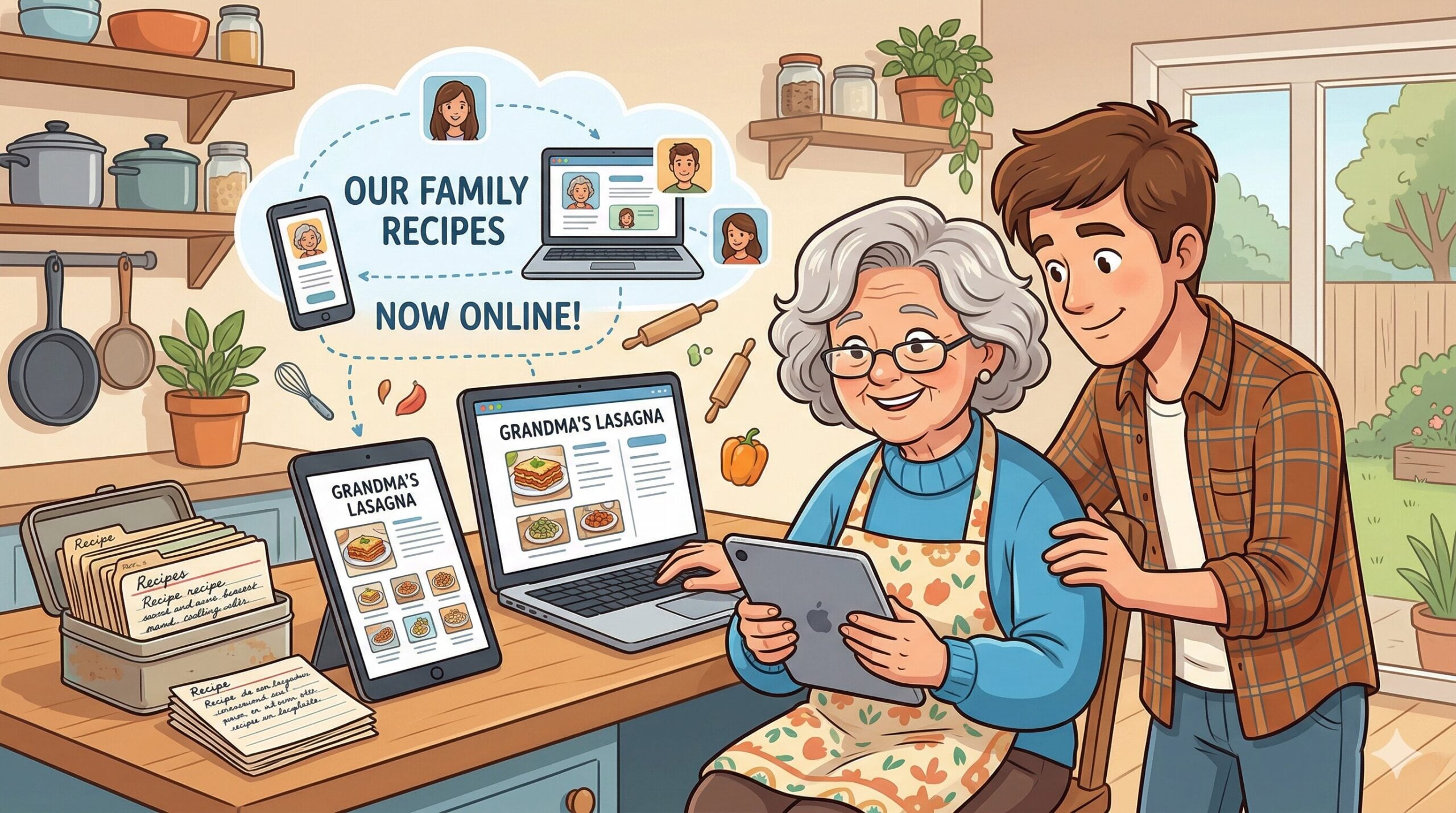 A heartwarming cartoon illustration of an older woman in a floral apron and her teenage grandson looking at a tablet together in a cozy kitchen. On the counter, an old recipe tin sits next to a laptop and tablet showing "Grandma's Lasagna" in a digital format. A thought bubble above them shows a network of family members connected to a digital cloud titled "Our Family Recipes Now Online!"
