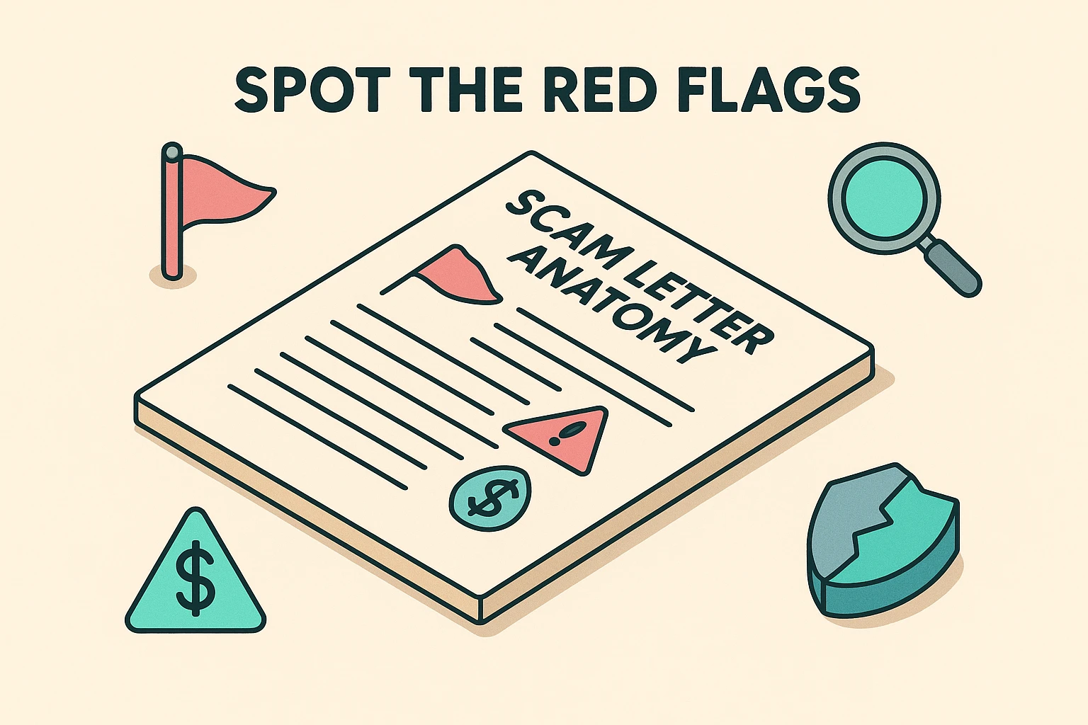 Visual breakdown of a typical lottery scam letter, highlighting red flags to help users identify scams quickly.