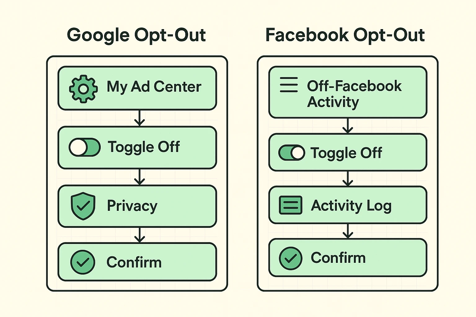 Guides seniors through the precise steps to turn off ad personalization on Google and Facebook with clear visual checkpoints.