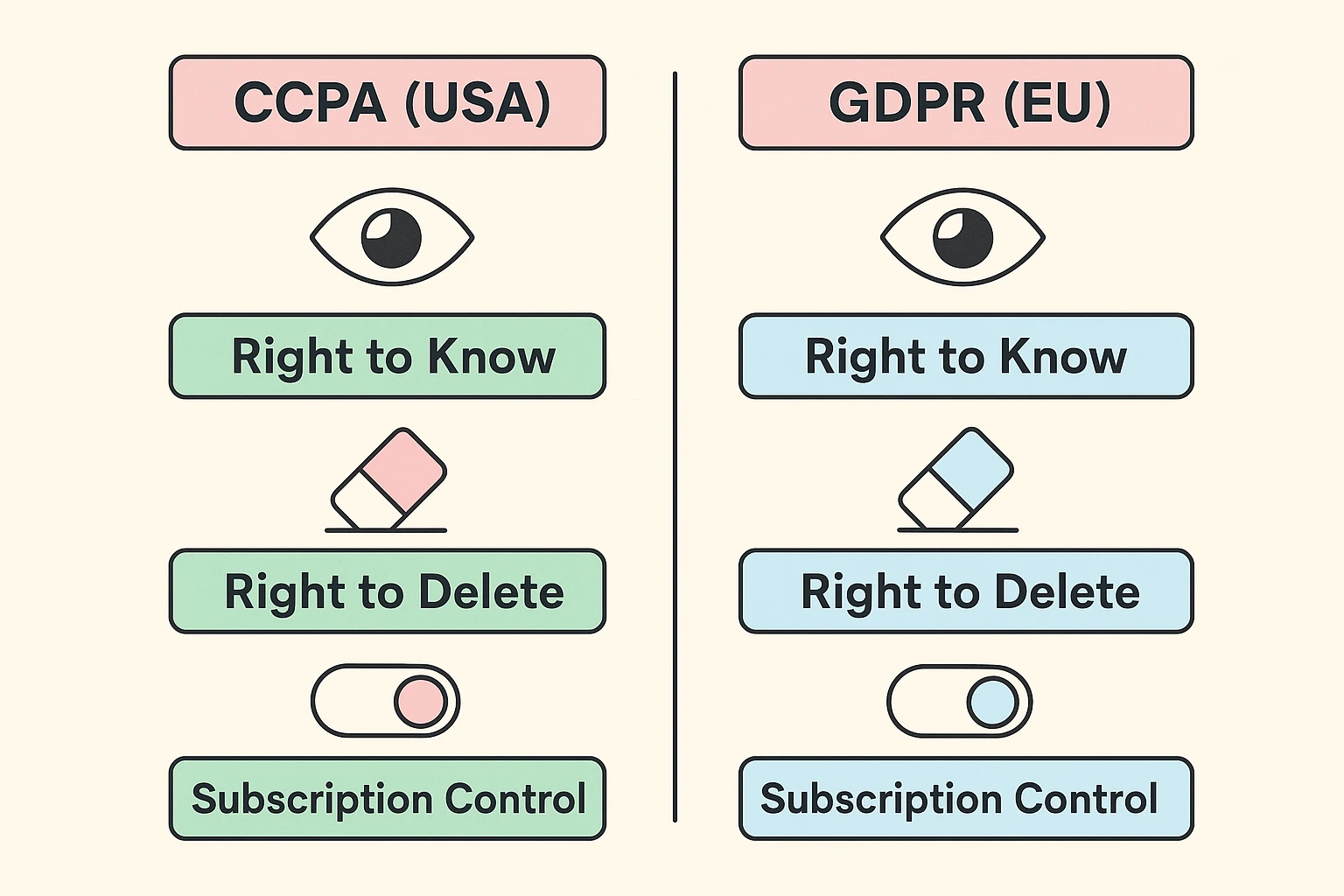 This comparison helps seniors visualize the similarities and differences in their data privacy rights under US and EU laws.